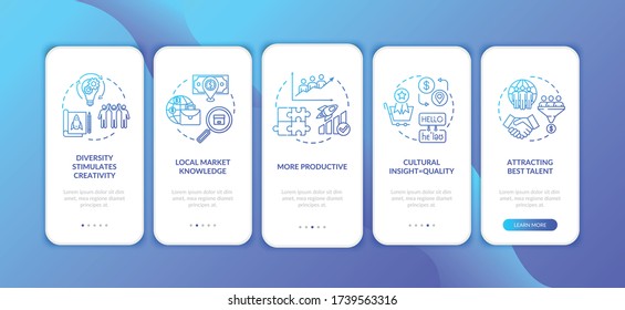 Multi national team onboarding mobile app page screen with concepts. Effective company development walkthrough 5 steps graphic instructions. UI vector template with RGB color illustrations
