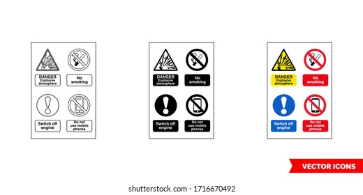 Multi notice fire prevention and explosive hazard sign icon of 3 types: color, black and white, outline. Isolated vector sign symbol.
