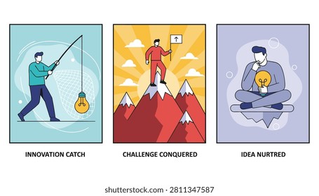 Multi panel illustration showing concepts of catching innovation, conquering challenges on mountain peaks, and nurturing creative ideas.