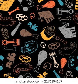 Multi pattern seamless. Piston and mammoth background. Skull and brass knuckles texture. Fashionable youth ornament