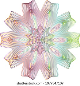 Multi petal pinwheel guilloche rosette with striped offset gradient hues.