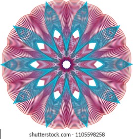 Multi petal starburst guilloche rosette with teal fluted leaves on a collar of two layered blue and red mesh waves.