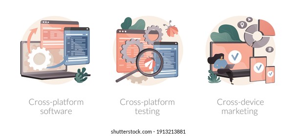 Multi platform framework abstract concept vector illustration set. Cross-platform software testing, cross-device tracking, application development, operating system, analytics abstract metaphor.