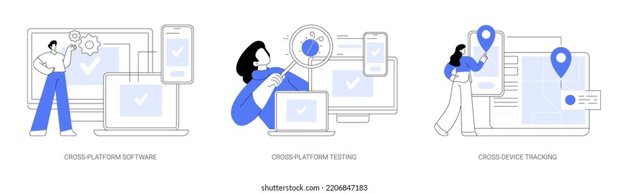 Multi platform framework abstract concept vector illustration set. Cross-platform software testing, cross-device tracking, application development, operating system, analytics abstract metaphor.