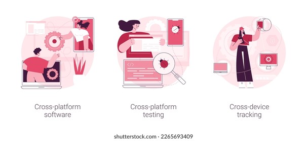 Multi platform framework abstract concept vector illustration set. Cross-platform software testing, cross-device tracking, application development, operating system, analytics abstract metaphor.