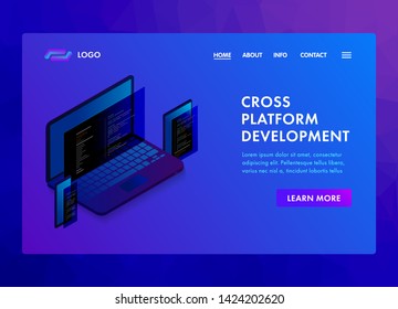 Multi platform software development and coding programming website template, landing page or banner isometric 3D design. Set of electronic devices use cross-platform web app development multi-device