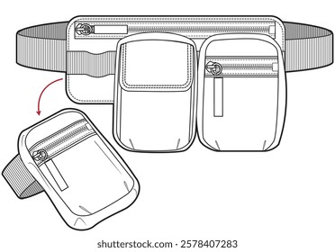 multi pocket adjustable bum bag flat sketch vector illustration technical cad drawing template	
