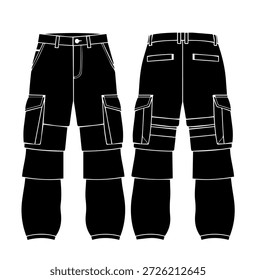 Pantalones de carga de bolsillo múltiple Ilustración vectorial de la silueta de los pantalones con vistas técnicas delanteras y traseras para el diseño táctico de la ropa de calle y de trabajo