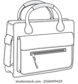 Multi pocket female briefcase flat sketch vector illustration technical cad drawing template