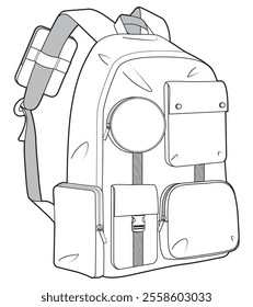 Multi pocket rucksack flat sketch vector illustration technical cad drawing template