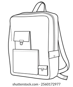 Multi pocket rucksack flat sketch vector illustration technical cad drawing template