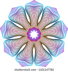 Multi pointed guilloche pinwheel rosette enmeshed in lattice style lines with gradient purple and blue hues.