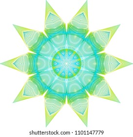 Multi pointed guilloche star rosette in layers of lime green and sky blue mesh netting.