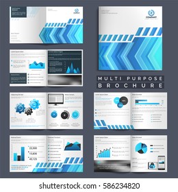 Conjunto de folletos corporativos multipropósito con elementos infográficos y diseño abstracto moderno.