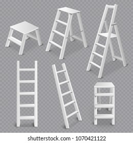 Multi purpose ladders realistic 3d collection including folding standing leaning and step stool transparent white vector illustration 