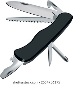 Multi purpose pocket knife opened, displaying various tools like knife blades, saw, screwdriver and bottle opener