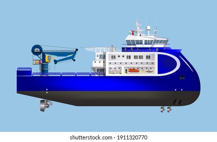 Multi purpose support vessel-MPSV,vessel engage offshore oil-field operation with crane and helicopter landing pa,passenger accomodation in blue color hull structure ship vector design.