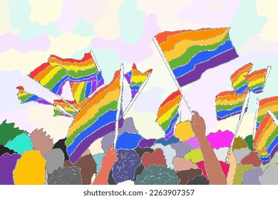 Personas de varias razas con banderas de orgullo