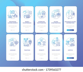 Multi racial empowerment onboarding mobile app page screen set with concepts. Multi national unity walkthrough 5 steps graphic instructions. UI vector template with RGB color illustrations