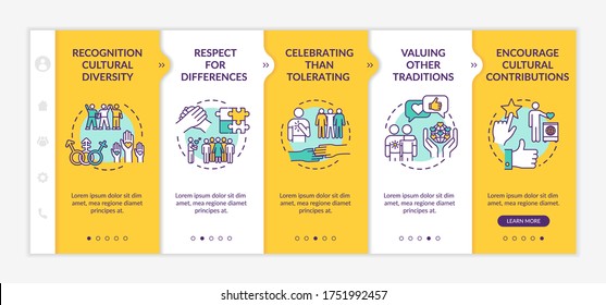 Multi racial empowerment onboarding vector template. Respect for cultural difference. Tradition value. Responsive mobile website with icons. Webpage walkthrough step screens. RGB color concept