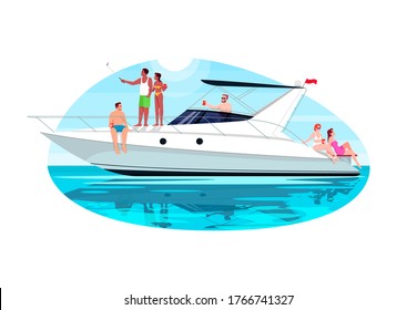 Multi racial group on voyage semi flat vector illustration. People sail in ocean on private regatta. Man and woman relax on luxury boat. Multi cultural 2D cartoon characters for commercial use