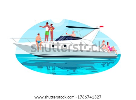 Multi racial group on voyage semi flat vector illustration. People sail in ocean on private regatta. Man and woman relax on luxury boat. Multi cultural 2D cartoon characters for commercial use