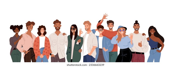 Grupo multirracial de personas, trabajo conceptual conjunto, amistad estudiantil, hombres y mujeres modernos felices, ilustración vectorial de dibujos planos. Banner de color con caracteres.