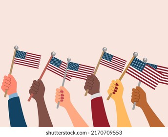 Multi Racial Hands Holding The Flag Of USA, Vector Illustration