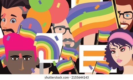 multi racial of lgbtq faces illustration background. Homosexual parade with rainbow flag of pride