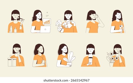 Conjunto de personajes de niña de múltiples escenas. Una colección versátil que muestra a una mujer con estilo en 10 situaciones diarias. Perfecto para anuncios, blogs, App y proyectos comerciales.