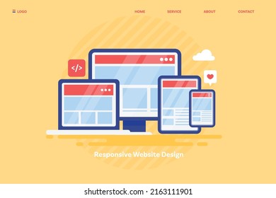 Resolución de pantalla múltiple de sitios web receptivos en diferentes dispositivos, Desarrollo de diseño web responsable - plantilla de página de aterrizaje de vector de diseño plano