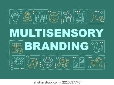 Multi Sensory Advertising Strategy Word Concepts Dark Green Banner. Infographics With Editable Icons On Color Background. Isolated Typography. Vector Illustration With Text. Arial-Black Font Used