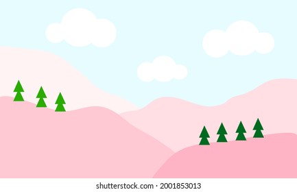 multi shade of pink mountain green pine tree and cloudy blue sky. pastel background for christmas concept
