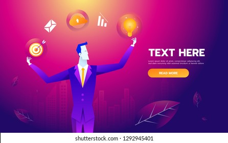 Multi Skill Concept. Businessman with business icons and skills. Concept business vector illustration