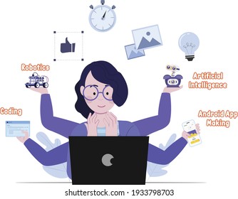 Multi skilled girl. Office manager administrator doing professional tasking. Effective management vector concept. Lady multitasking business busy, businesswoman manager illustration