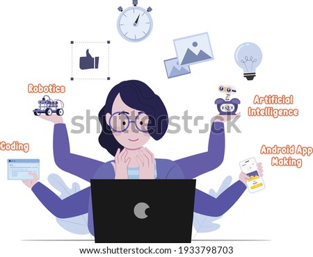 Multi skilled girl. Office manager administrator doing professional tasking. Effective management vector concept. Lady multitasking business busy, businesswoman manager illustration