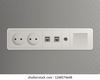 Multi socket wall outlet with electrical, ethernet, cable or satellite TV connections and light switch 3d realistic vector illustration isolated on transparent background. Home wiring organization