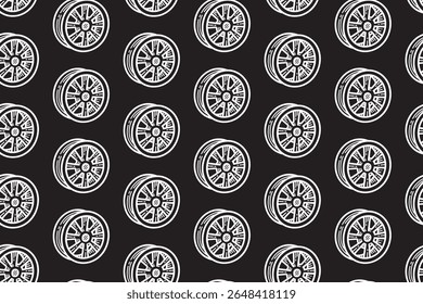 multi spoke car line art seamless pattern on black background. car wheel rim engraving doodle pattern background. alloy rim racing hatching wallpaper for garage, workshop, detailing, exterior merch