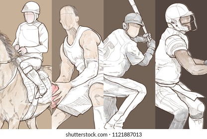 Multi sport with horse racing, basketball, baseball, american football. vector illustration.