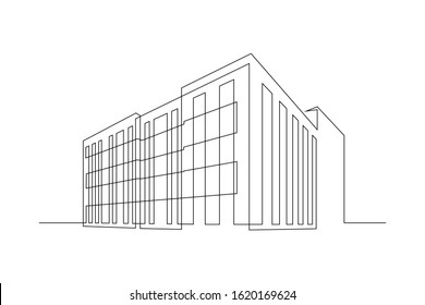 Multi   storey apartment building  office center industrial building
in continuous line art drawing style  Black linear sketch isolated white background  Vector illustration