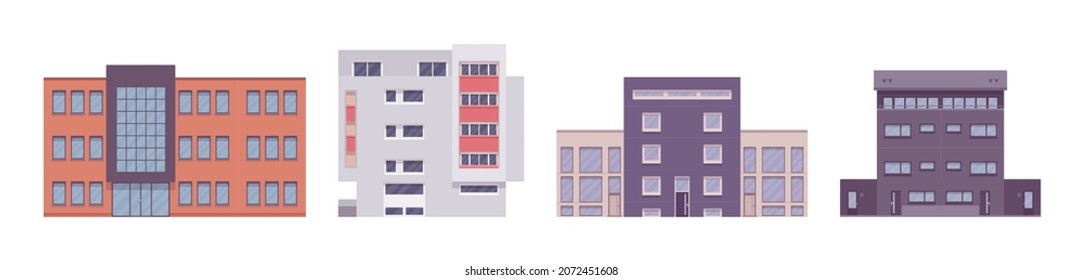 Multi storey apartment building set, modern elevation design. Residential project for contemporary city living, commercial use or office building. Vector flat style cartoon illustration, modular units