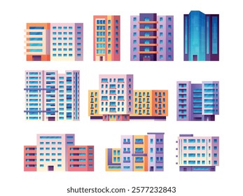 Multi storey buildings. High rise residential building, modern city tower block construction development urban apartment facade exterior build insurance, swanky vector illustration original artwork