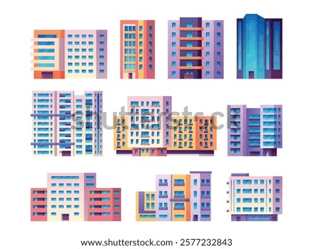 Multi storey buildings. High rise residential building, modern city tower block construction development urban apartment facade exterior build insurance, swanky vector illustration original artwork