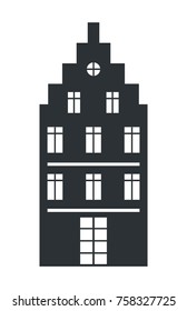 Multi storey house black silhouette isolated on white background. Graphic design of modern home in sketch concept with windows for web print design