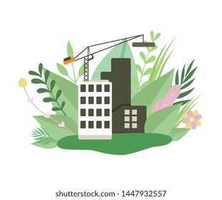 Multi Storey House in Construction Process, House under Construction and Crane in Spring or Summer Season with Blooming Flowers and Leaves Vector Illustration
