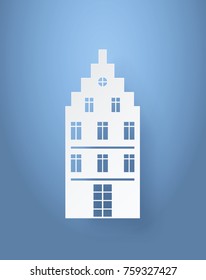 Multi storey house made of white paper isolated on blue background. Graphic design of modern home in origami concept with windows for web print design