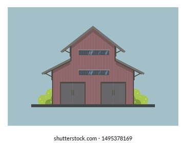 Multi storey wooden warehouse. Front view, simple illustration