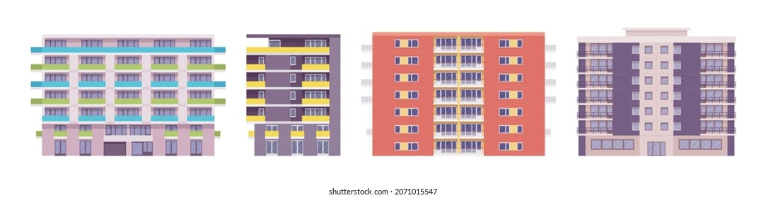 Multi story apartment set, functional and ergonomic modern design. Residential living apartment, conveniently designed commercial city building. Vector flat style cartoon illustration, modular units