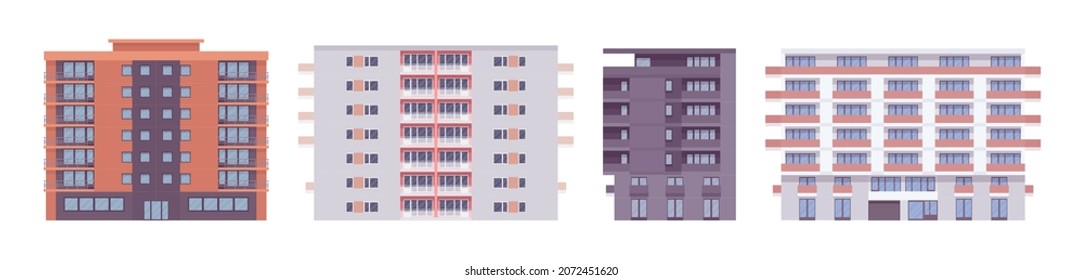 Multi story apartment set, functional and ergonomic modern design. Residential living apartment, conveniently designed commercial city building. Vector flat style cartoon illustration, modular units