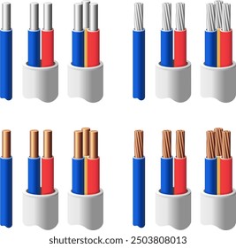 Mehrfachlitzen. Litzen- und Massivkabel. Vektorfarbengrafik.